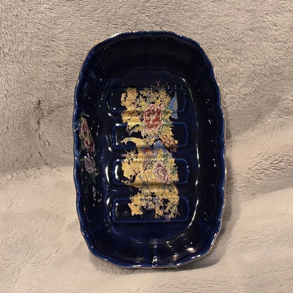 Vintage Kutani Japan Cobalt Blue Porcelain Floral Soap Dish Gold Gilt Scalloped
